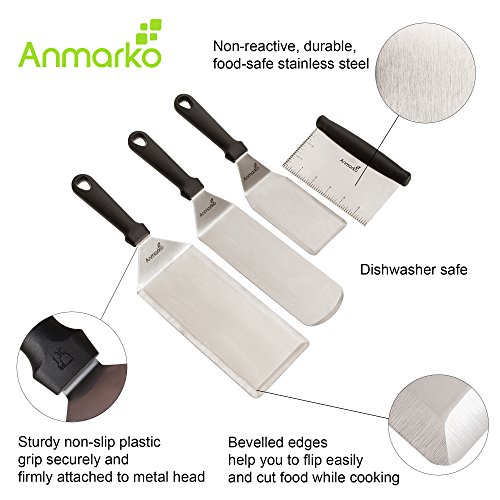 Set de 4 utensilios de cocina de acero inoxidable – 1 Espátula grande para asador – 1 volteador de metal – 1 rasqueta de panadero – 1 espátula para repostería – Anmarko