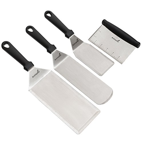 Set de 4 utensilios de cocina de acero inoxidable – 1 Espátula grande para asador – 1 volteador de metal – 1 rasqueta de panadero – 1 espátula para repostería – Anmarko