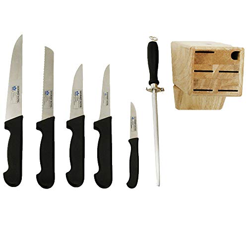 Set de 7 piezas cuchillo jamonero, de pan/de sierra, deshuesador, fileteador y pelador + DE REGALO taco de madera y chaira/afilador: 20.30cm de filo