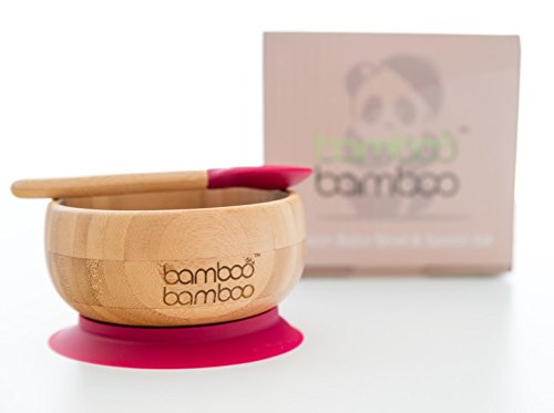 Set de Bowl adherente y cuchara para bebé en combinación, Bowl que no se despega de la mesa al comer, Bambú natural (Cereza)