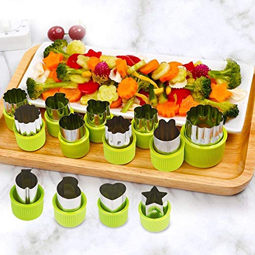 Set de cortador de vegetales (12 piezas) para niños - Mini vegetal de acero inoxidable, fruta, cortadores de galletas, Molde de animales con forma de corazón de estrellas de flores para decorar el kit