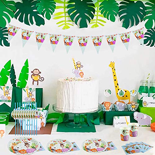 Set de Vajilla de Fiesta, 92PCS Selva Fiesta de Cumpleaños Infantil Decoracion de Animales Selva Safari Tema Suministros para la Fiest Servilletas Platos Tazas Cuchillos Cucharas Tenedores Pajas