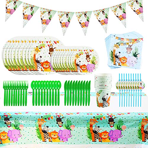 Set de Vajilla de Fiesta, 92PCS Selva Fiesta de Cumpleaños Infantil Decoracion de Animales Selva Safari Tema Suministros para la Fiest Servilletas Platos Tazas Cuchillos Cucharas Tenedores Pajas