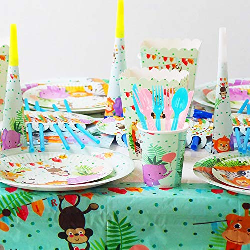 Set de Vajilla de Fiesta, 92PCS Selva Fiesta de Cumpleaños Infantil Decoracion de Animales Selva Safari Tema Suministros para la Fiest Servilletas Platos Tazas Cuchillos Cucharas Tenedores Pajas