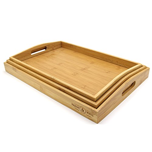 Set of 3 Bamboo Trays | Wooden Serving Tea & Breakfast Platter With Handles M&W