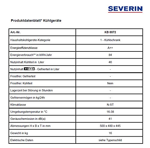 SEVERIN KB 8872, Nevera, Minibar, 46 L, Clase de eficiencia energética A++, Blanco