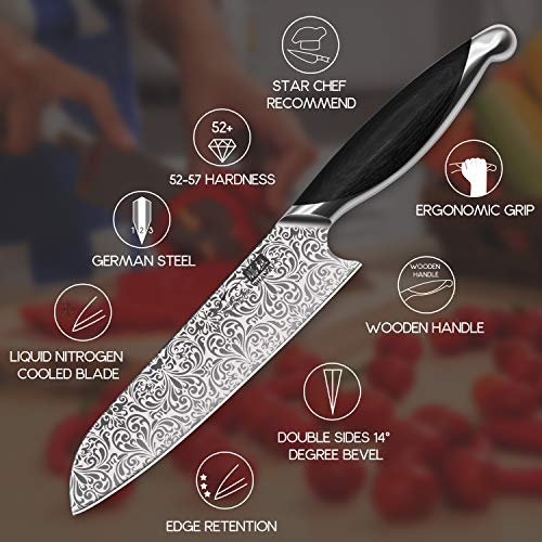 SHAN ZU Cuchillo de Cocina, Cuchillo Santoku Japonés de 18 cm, Cuchillo de Cocinero con Mango Ergonómico de Madera, Hoja de Acero Inoxidable Alemán Súper afilada, Adecuada para Cortar Carne y Verduras