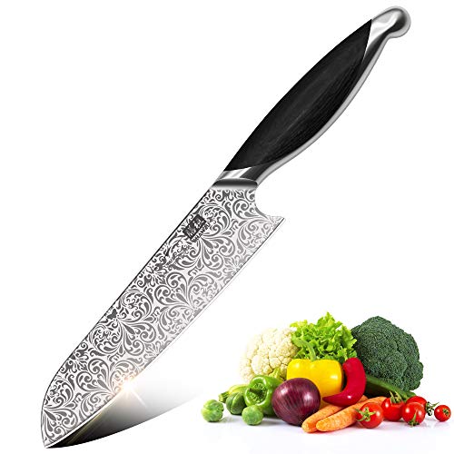 SHAN ZU Cuchillo de Cocina, Cuchillo Santoku Japonés de 18 cm, Cuchillo de Cocinero con Mango Ergonómico de Madera, Hoja de Acero Inoxidable Alemán Súper afilada, Adecuada para Cortar Carne y Verduras