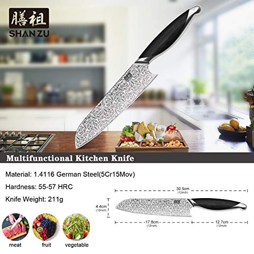 SHAN ZU Cuchillo de Cocina, Cuchillo Santoku Japonés de 18 cm, Cuchillo de Cocinero con Mango Ergonómico de Madera, Hoja de Acero Inoxidable Alemán Súper afilada, Adecuada para Cortar Carne y Verduras