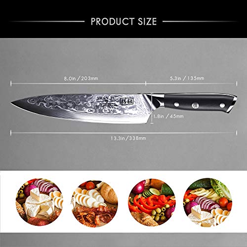 SHAN ZU Cuchillo de Cocina Damasco, 20cm Cuchillo Chef Japones de Acero Damasco de 67 Capas, Mango de Material G10, Cuchillo de Cocinero Profesional para Cortar Verdura, Fruta, Carne y Pescado