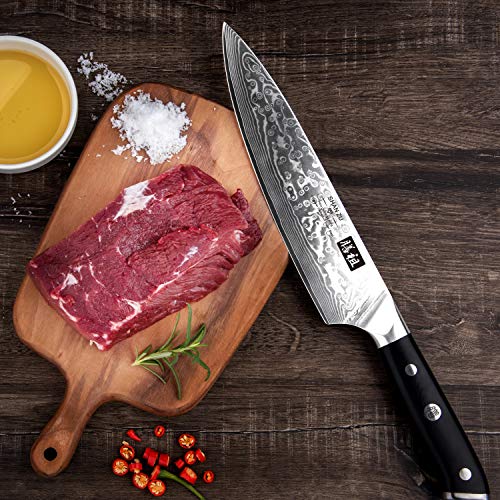 SHAN ZU Cuchillo de Cocina Damasco, 20cm Cuchillo Chef Japones de Acero Damasco de 67 Capas, Mango de Material G10, Cuchillo de Cocinero Profesional para Cortar Verdura, Fruta, Carne y Pescado