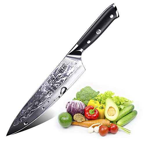 SHAN ZU Cuchillo de Cocina Damasco, 20cm Cuchillo Chef Japones de Acero Damasco de 67 Capas, Mango de Material G10, Cuchillo de Cocinero Profesional para Cortar Verdura, Fruta, Carne y Pescado