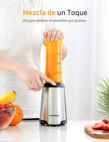 SHARDOR Batidoras de Vaso Individual Licuadora para Verduras y Frutas Multifuncional Blender Smoothies Zumos Acero Inocidable 2 Botellas Portátil Alta Capacidad 600ml sin BPA 350W