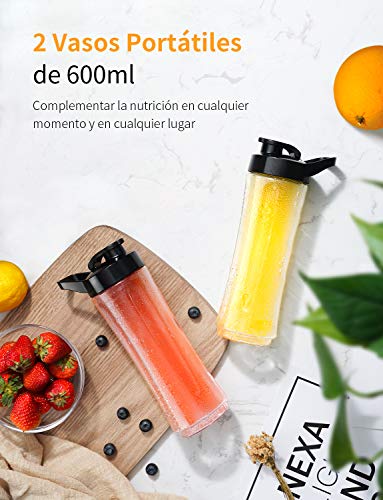 SHARDOR Batidoras de Vaso Individual Licuadora para Verduras y Frutas Multifuncional Blender Smoothies Zumos Acero Inocidable 2 Botellas Portátil Alta Capacidad 600ml sin BPA 350W