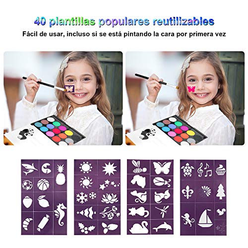 ShengRuHai Pinturas Cara para Niños,Pintura Facial con 15 Colores 2 Pinceles Pinturas Cara y Corporales para Niños Fiestas Halloween Carnaval Semana Santa,Navidad.