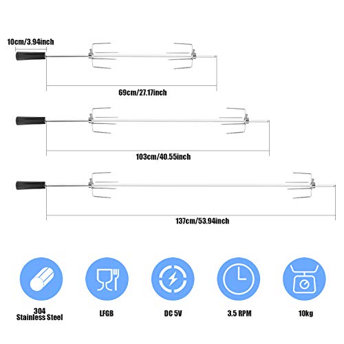 SHYOSUCCE Asador Giratorio Electrico con 2 Agujas de Carne y Motor (Alimentado pour Cable USB o Adaptador), Pincho Asador pour Parrillas de Gas, Carros de Parrilla (69-137cm)