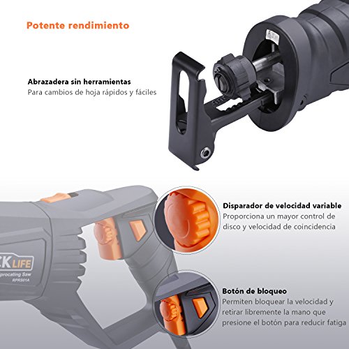 Sierra de Sable 850W, Empuñaduras Giratorias, 0~2800rpm, Tacklife RPRS01A Sierra Con LED, 2 Hojas (Madera 6T HCS, Metal 14T BIM), Profundidad de Corte: Madera 180mm, Metal 10mm, Cambio de Hojas Rápido