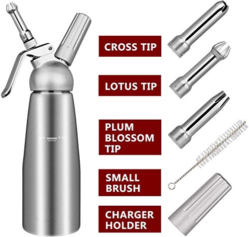 Sifon Cocina Espumas 500ML Dispensadores de Nata Sifón de Aluminio dispensador Profesional de nata Contiene 3 boquillas para de acero inoxidable Hace Crema, Helado y mucho más