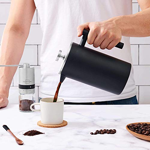 SILBERTHAL Cafetera émbolo individual acero inoxidable | French press 1 litro | Cafetera de piston | Tetera francesa | Cafetera puchero | Tetera embolo infusión con filtro para café o té negra