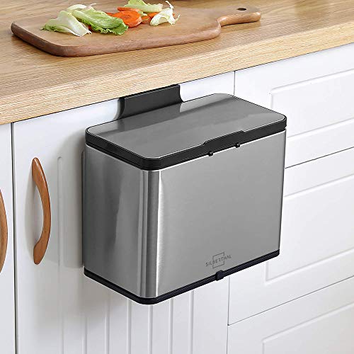 SILBERTHAL Cubo Compost Cocina en Acero Inoxidable | Cubo Puerta Cocina 8 filtros de Recambio | Papelera Compost Puerta de Cocina para residuos | Cubo desechos Basura con Tapa