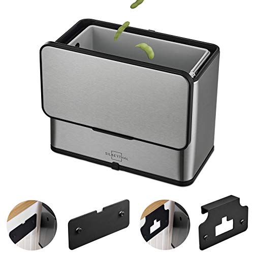 SILBERTHAL Cubo Compost Cocina en Acero Inoxidable | Cubo Puerta Cocina 8 filtros de Recambio | Papelera Compost Puerta de Cocina para residuos | Cubo desechos Basura con Tapa