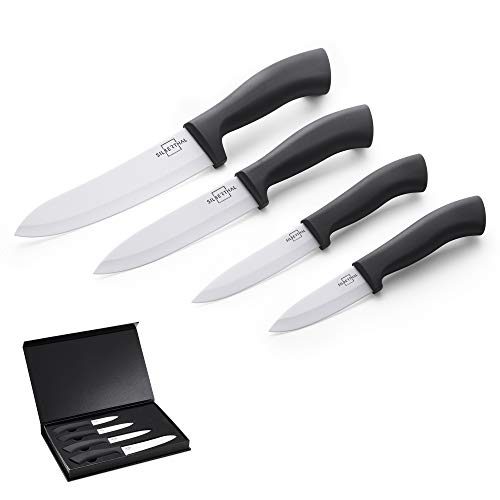 SILBERTHAL Cuchillos Cerámica | Set cuchillos de cerámica de cocina | Juego 4 cuchillos cerámicos | Cuchillos cerámica cocina profesinal | Blanco