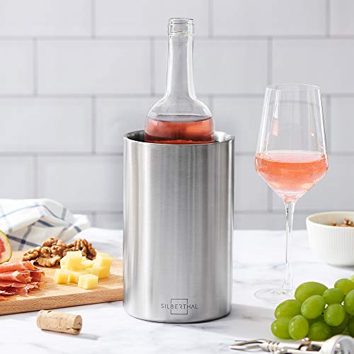 SILBERTHAL Enfriador Botellas Vino Acero Inoxidable | Cubitera Vino Doble Pared con 2 Fundas enfriadoras de Botellas | Cubo Enfriador Botellas Vino | Wine Cooler