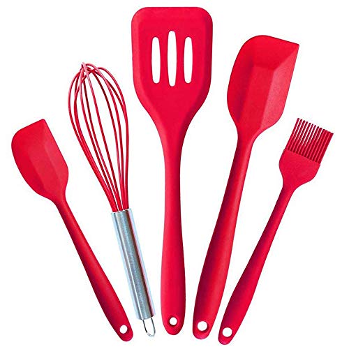 Silicona Utensilios De Cocina Cooking Tools,Antiadherente,Resistente al Calor Espatula Silicona Cocina Set de 5 (Red)