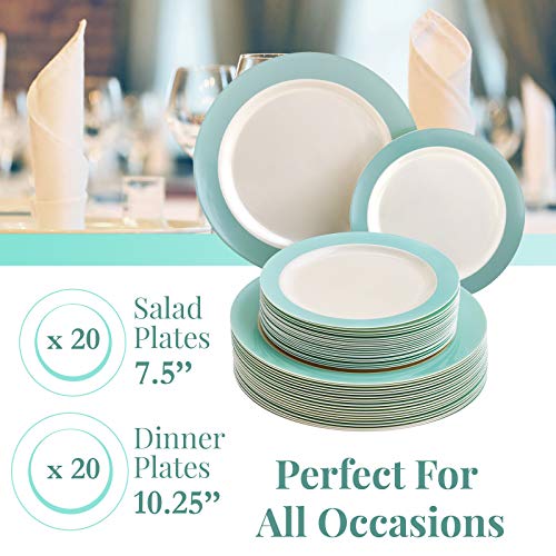 Silver Spoons Turquoise Dinnerware Set VAJILLA DESECHABLE DE 40 Piezas Grandes | 20 Ensalada | Platos de plástico Resistente | Aspecto de Porcelana Elegante | Colección Pastel (Turquesa)