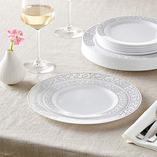 Silver Spoons VAJILLA PARA FIESTAS DESECHABLE DE 40 PIEZAS | 20 platos grandes | 20 platos para ensalada | Platos de plástico resistente | Elegante aspecto de porcelana fina (Venetian – Plata)