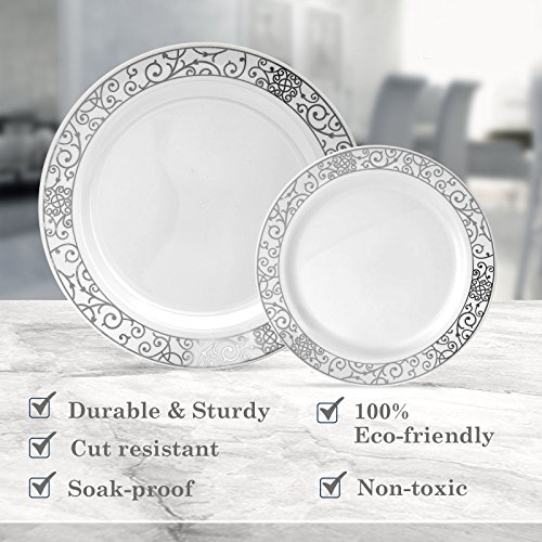 Silver Spoons VAJILLA PARA FIESTAS DESECHABLE DE 40 PIEZAS | 20 platos grandes | 20 platos para ensalada | Platos de plástico resistente | Elegante aspecto de porcelana fina (Venetian – Plata)