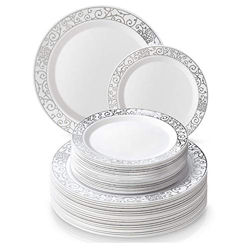 Silver Spoons VAJILLA PARA FIESTAS DESECHABLE DE 40 PIEZAS | 20 platos grandes | 20 platos para ensalada | Platos de plástico resistente | Elegante aspecto de porcelana fina (Venetian – Plata)