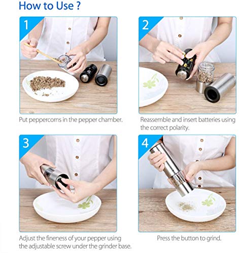 SIMPLETASTE Molinillo de Pimienta eléctrica,Acero Inoxidable con Grueso Ajustable y Ventana Visible Set de 2-Plateado