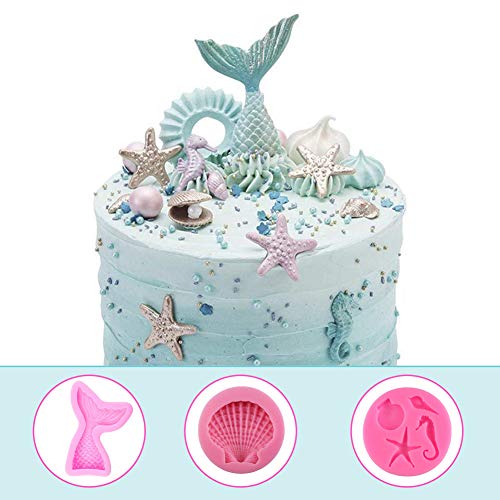 Simuer - Molde de silicona para fondant de sirena, diseño de conchas marinas, para decoración de tartas, para manualidades, azúcar, dulces, chocolate, hielo, cubitos, jabón, 3 unidades