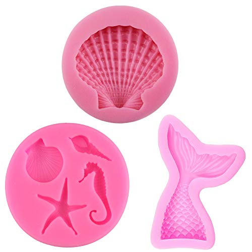 Simuer - Molde de silicona para fondant de sirena, diseño de conchas marinas, para decoración de tartas, para manualidades, azúcar, dulces, chocolate, hielo, cubitos, jabón, 3 unidades