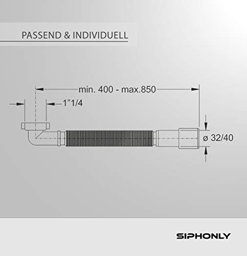 Siphonly® Tubo de desagüe flexible para lavabo de 1 1/4 pulgadas, sifón de ahorro de espacio, diámetro de 32 mm/40 mm, montaje en segundos, tubo de desagüe de plástico, extensible de 400-850 mm