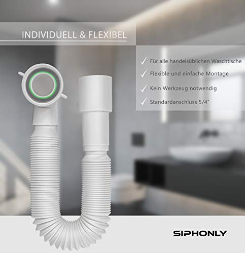 Siphonly® Tubo de desagüe flexible para lavabo de 1 1/4 pulgadas, sifón de ahorro de espacio, diámetro de 32 mm/40 mm, montaje en segundos, tubo de desagüe de plástico, extensible de 400-850 mm
