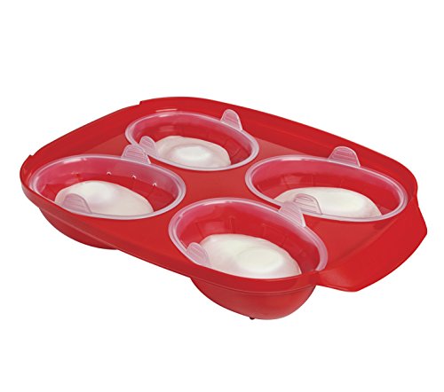 Sistema Apta para microondas escalfador de Huevos (para 4 Huevos, Rojo/Transparente