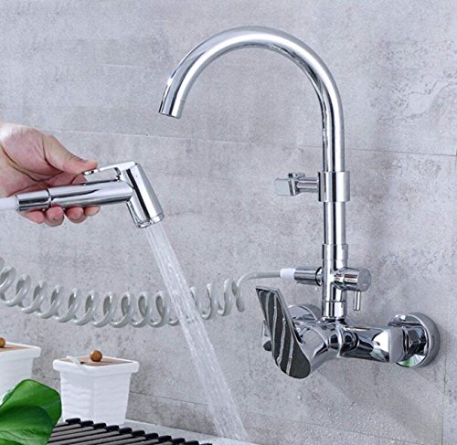 SJQKA Tipo de Cocina en la Pared grifería multifunción Pistola de Lavado pileta de la Piscina Fregadero Doble Agujero Grifo Caliente y fría (Tipo de Pared)