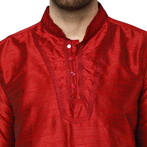 SKAVIJ Seda Lujoso Kurta Pijama (Camisa Larga y Pantalón) para Hombre Rojo L