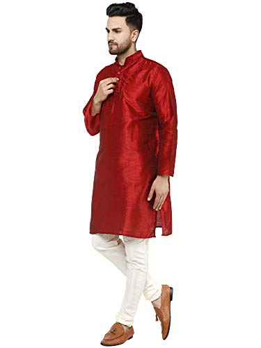 SKAVIJ Seda Lujoso Kurta Pijama (Camisa Larga y Pantalón) para Hombre Rojo L