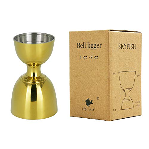 SKY FISH Vaso Medidor Cocktail Double, Bar Medida Jigger de Acero Inoxidable Dorado 30/60 ML para Cualquier Bar, Double Cocktail Jigger para Hogar Bola Redonda (Golden)