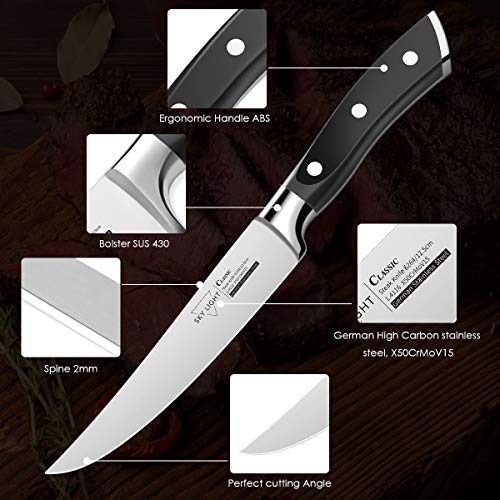 SKY LIGHT Cuchillo de Carne 4 Piezas Cuchillos Chuleteros 12 cm Cuchillo de Mesa, Borde Recto Alemana Alto Carbón Acero Inoxidable Mango Antideslizante Conjunto de Cuchillos