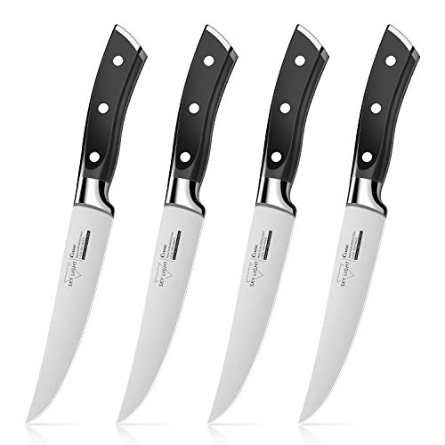 SKY LIGHT Cuchillo de Carne 4 Piezas Cuchillos Chuleteros 12 cm Cuchillo de Mesa, Borde Recto Alemana Alto Carbón Acero Inoxidable Mango Antideslizante Conjunto de Cuchillos