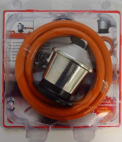 S&M Kit Regulador de Gas Butano/Propano con Válvula de Seguridad + Tubo Goma 1,5 M + 2 Abrazaderas, Gris/Naranja, Estándar