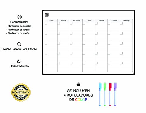 Smart Panda Calendario Magnético para Nevera - Ideal Planificador de Menú, Recordatorio, Lista de la Compra - Pizarra Magnética Incluye 4 Rotuladores de Color - Mensual - En Español