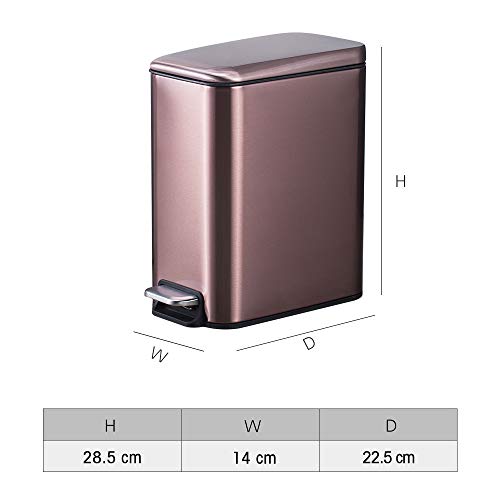 Smartbin 5L Rectangular Papelera con Tapa Silenciosa Cubo de Basura con Pedal Paso Cocina Basura Barurero Contenedor de Basura Papelera de Reciclaje Baño Cocina Oficina (Oro Rosa)