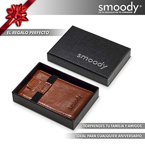 smoody® Tarjetero para 10 Tarjetas de Credito Bloqueo RFID Cartera Minimalista Hombre y Mujer Pequeña Billetera con Elástico y Pull-up Cuero Vacuno Sin Cromo