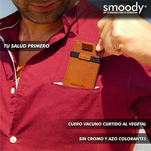 smoody® Tarjetero para 10 Tarjetas de Credito Bloqueo RFID Cartera Minimalista Hombre y Mujer Pequeña Billetera con Elástico y Pull-up Cuero Vacuno Sin Cromo