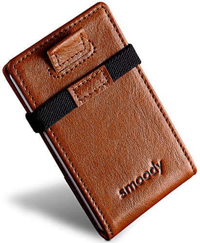 smoody® Tarjetero para 10 Tarjetas de Credito Bloqueo RFID Cartera Minimalista Hombre y Mujer Pequeña Billetera con Elástico y Pull-up Cuero Vacuno Sin Cromo